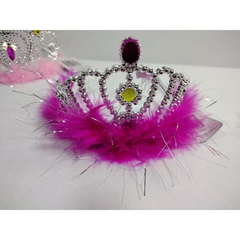 12 Princess Tiaras Girls Birthday Pack Pink White Fuzzy Boas with combs - Picture 3 of 6